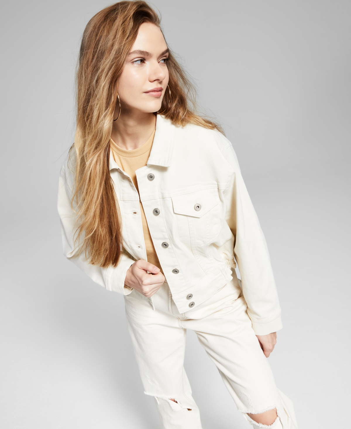 And Now This Women's Relaxed Cropped Denim Jacket In Bone Wash | ModeSens