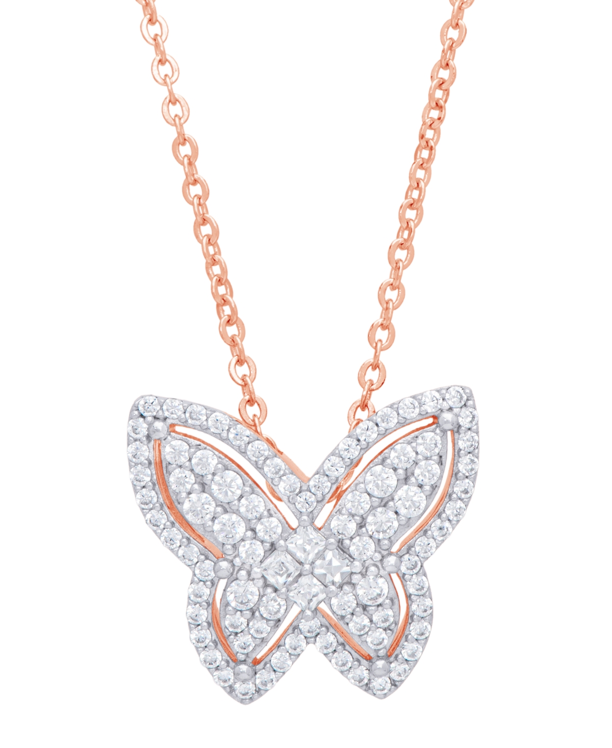 Cubic Zirconia Butterfly Necklace in Fine Rose Gold Plate or Fine Silver Plate