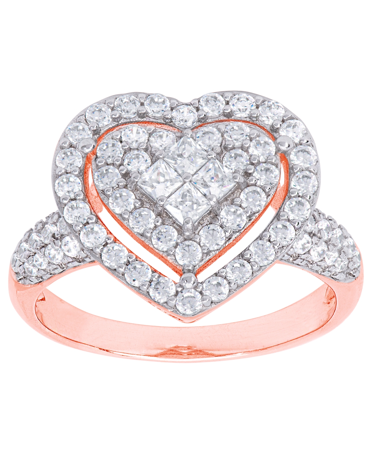 Cubic Zirconia Heart Halo Ring in Fine Rose Gold Plate or Fine Silver Plate