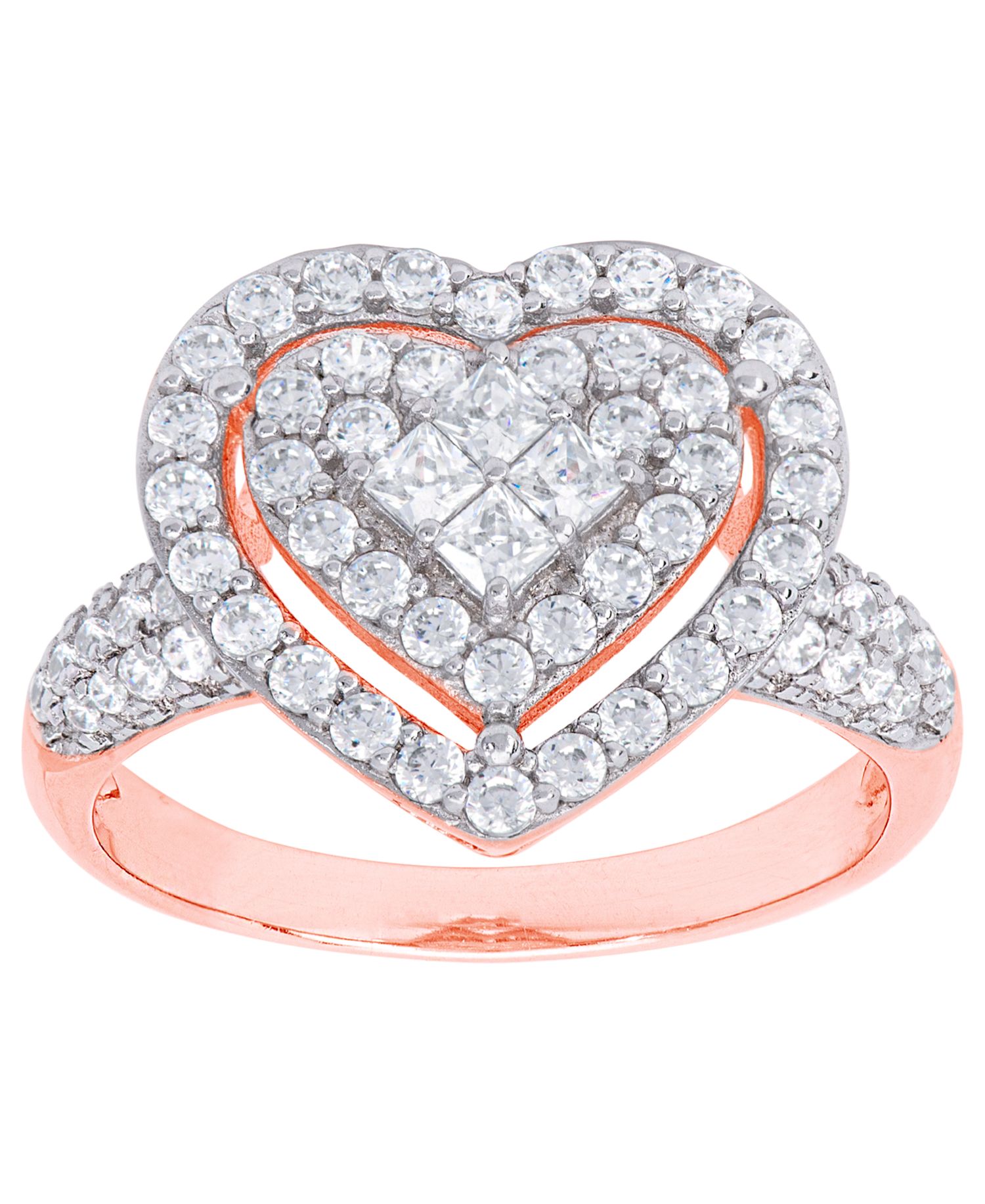 Cubic Zirconia Heart Halo Ring in Fine Rose Gold Plate or Fine Silver Plate