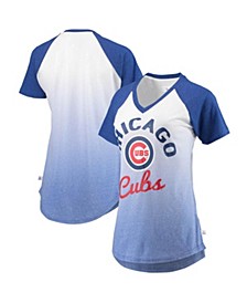 Women's Royal and White Chicago Cubs Shortstop Ombre Raglan V-Neck T-Shirt