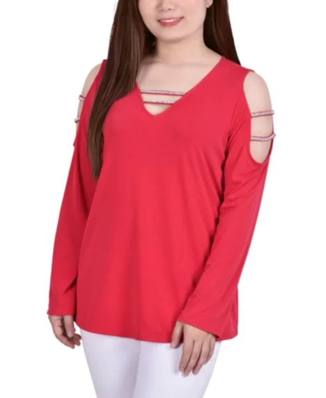 Petite Long Sleeve Knit Crepe Rhinestone Top - Jalapeno Red