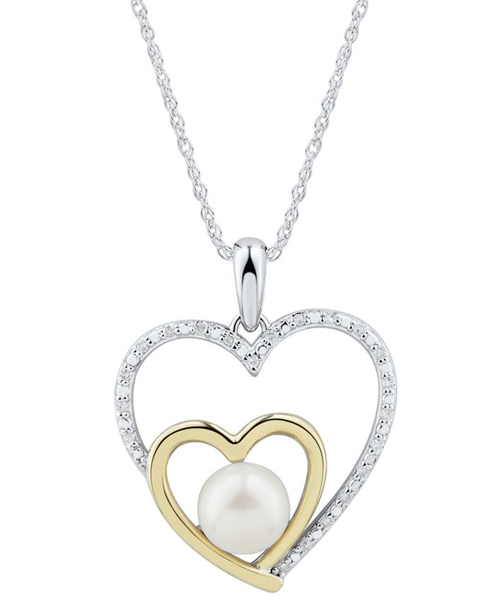 Macy's - Cultured Freshwater Pearl (6mm) & Diamond Accent Heart Pendant Necklace in Sterling Silver & 14k Gold