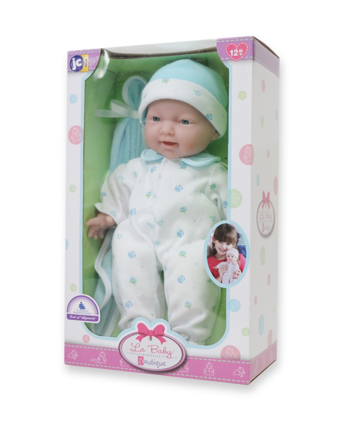 JC TOYS LA BABY CAUCASIAN 11" SOFT BODY BABY DOLL BLUE OUTFIT 