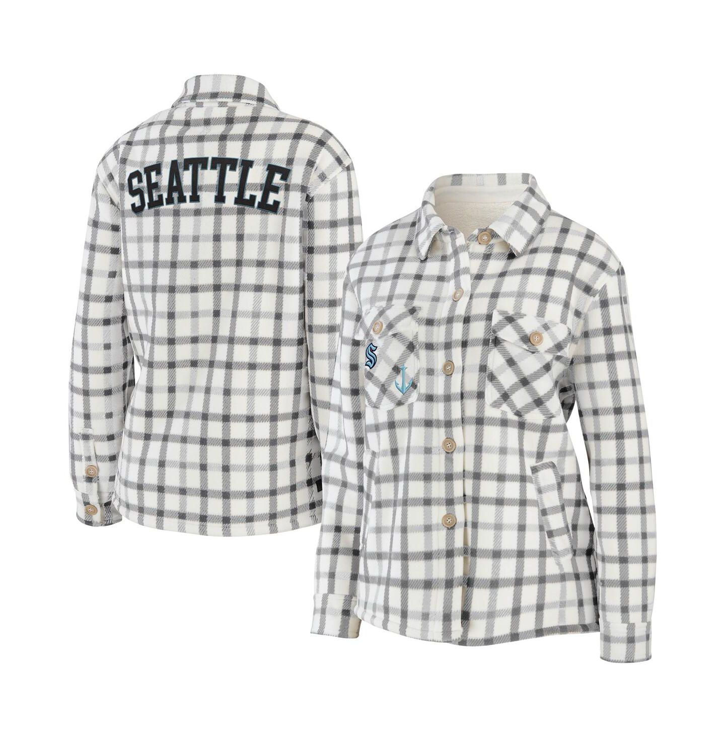 Женская куртка WEAR by Erin Andrews Oatmeal Seattle Kraken Plaid Button-Up Shirt Jacket — фото 1