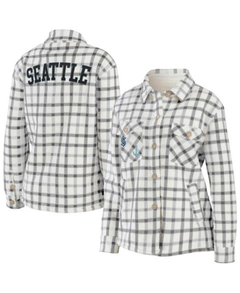 Женские куртки WEAR by Erin Andrews Women's Oatmeal Seattle Kraken Plaid Button-Up Shirt Jacket