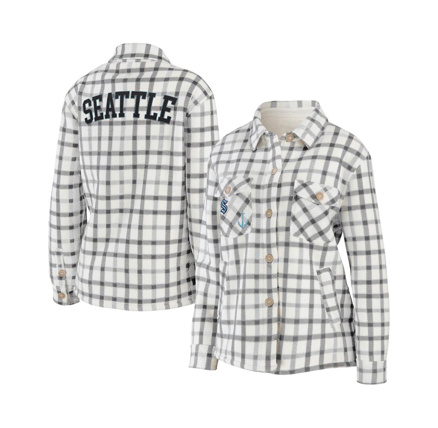 Women's Oatmeal Seattle Kraken Plaid Button-Up Shirt Jacket