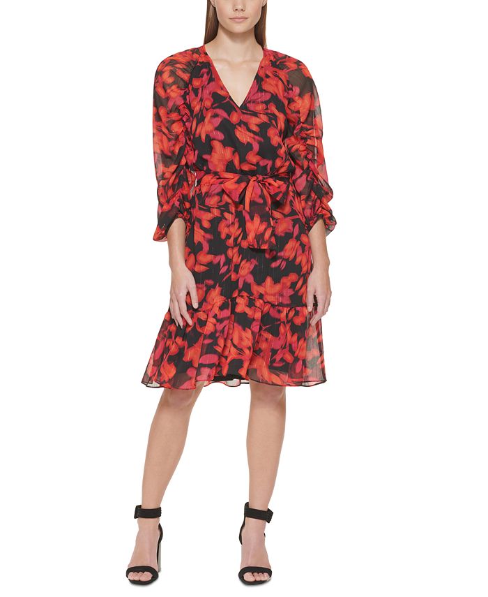 Calvin klein floral discount print faux wrap dress