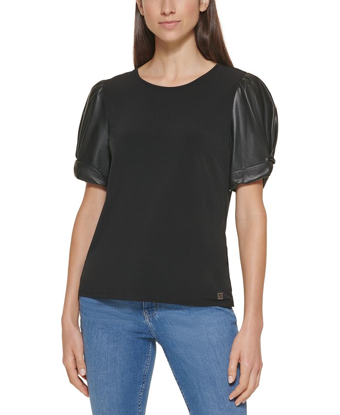 Calvin Klein Faux Leather Puff Sleeve Top Macy's