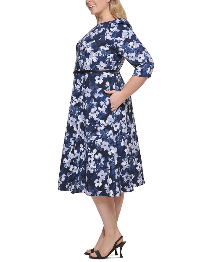 Calvin Klein Plus Size Floral-Print Belted Midi Dress - Macy's