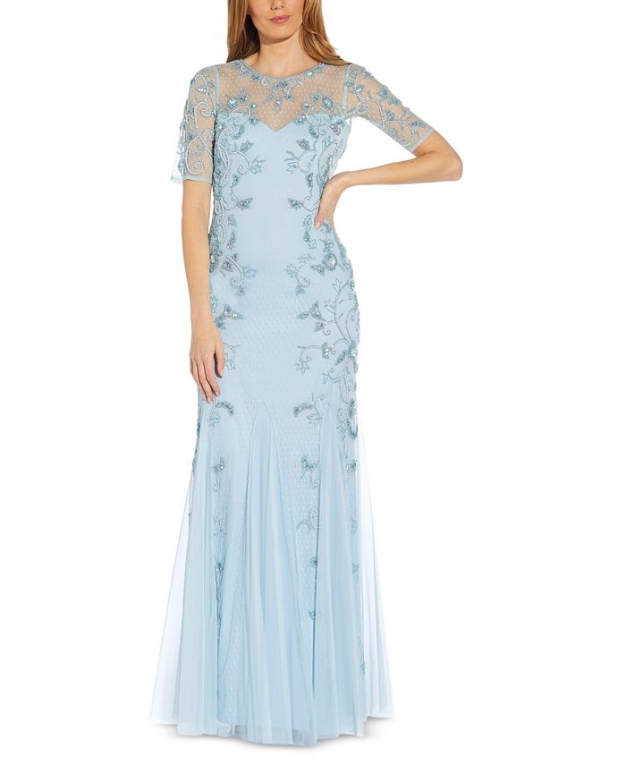 Adrianna Papell Beaded Elbow-Sleeve Gown - Macy's