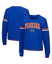 Women's Royal Florida Gators Sweep Pass Sleeve Stripe Raglan Pullover Sweatshirt