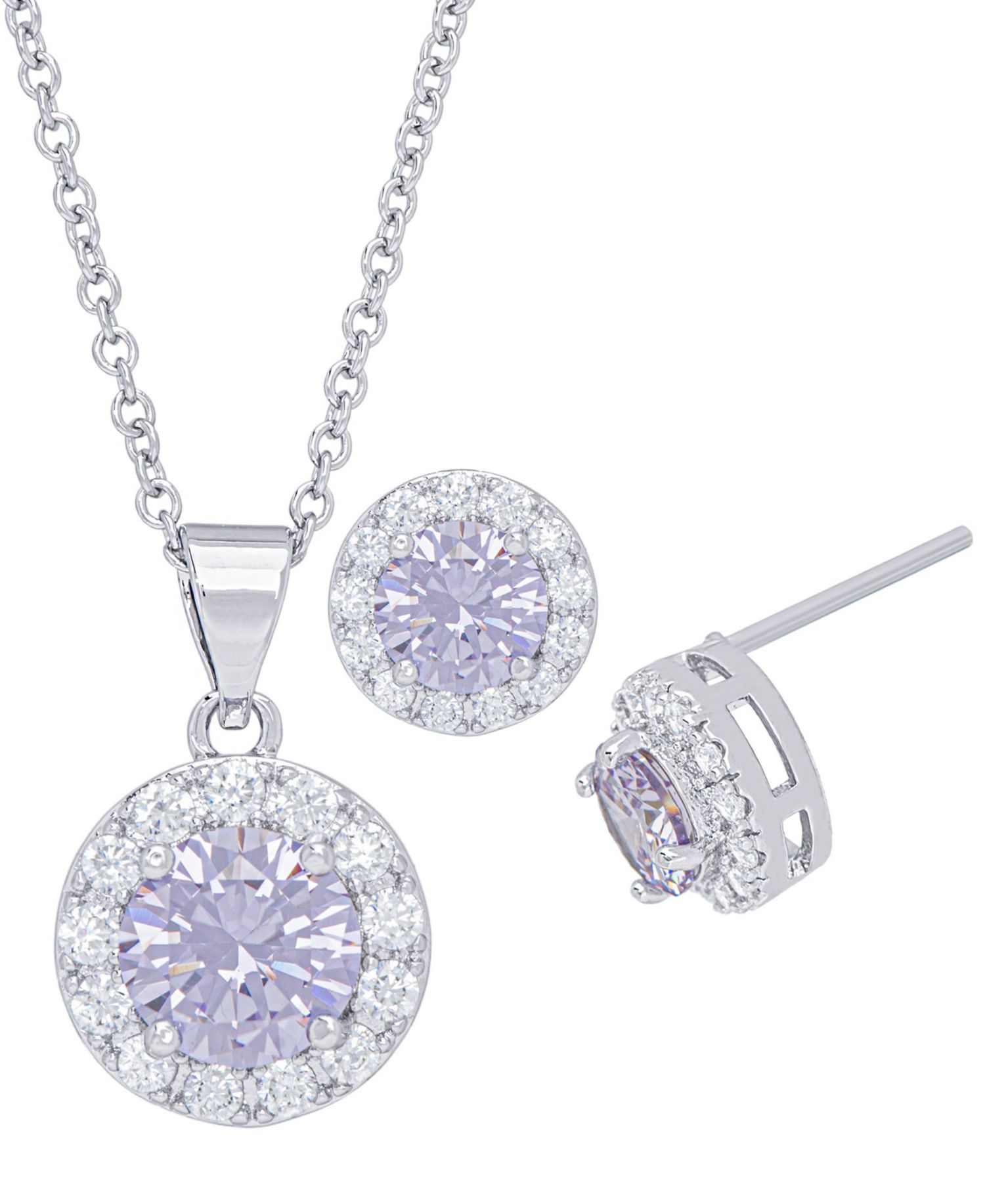 Cubic Zirconia Round Halo Pendant and Earrings Set in Fine Silver Plate, 2 Piece