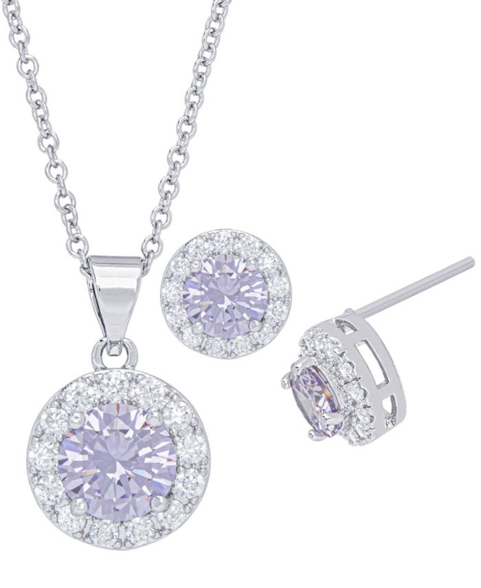 Cubic Zirconia Round Halo Pendant and Earrings Set in Fine Silver Plate — 2 piece