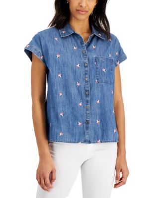Style & Co - Petite Embroidered Mushroom Camp Shirt
