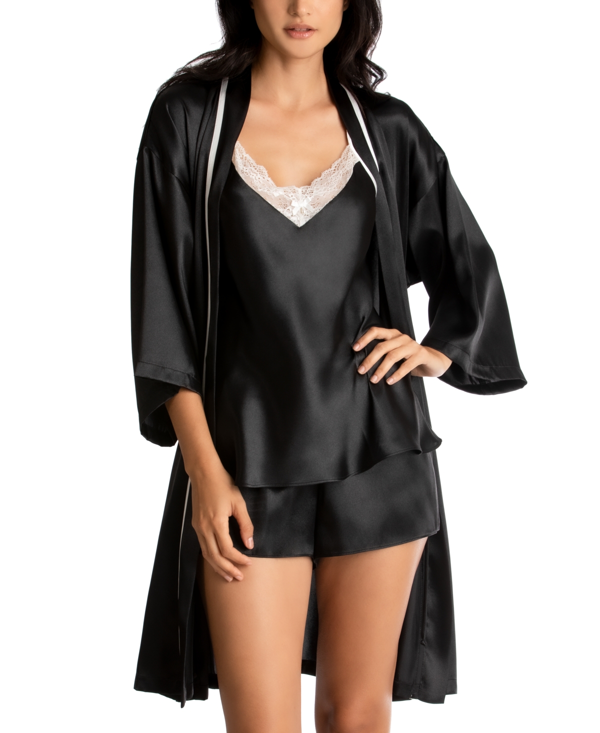 Bride Satin Wrap Robe, Cami & Tap Shorts Set - Ivy/pink