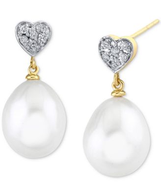 Macy's - Cultured Freshwater Pearl (9mm) & Diamond (1/10 ct. t.w.) Heart Cluster Drop Earrings in 14k Gold