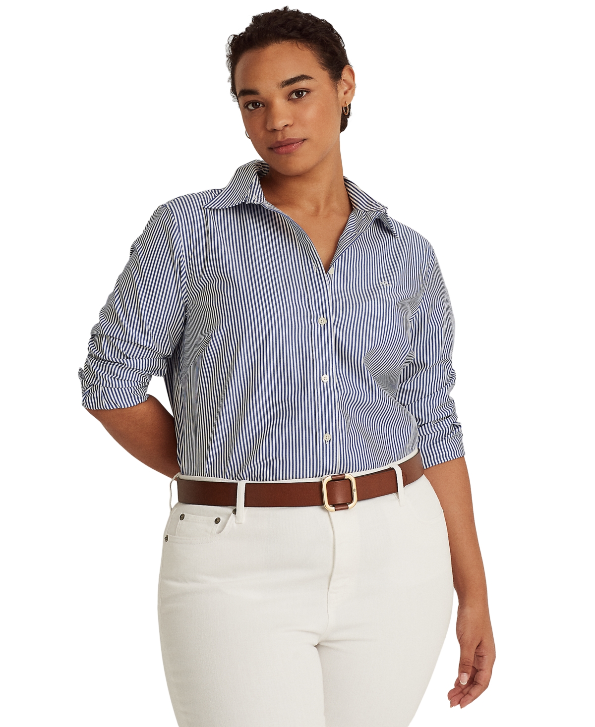 Lauren Ralph Lauren Plus-size Striped Easy Care Cotton Shirt In Black,white