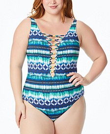 Plus Size Sun, Sea & Sand Printed Lattice-Front One-Piece Swimsuit