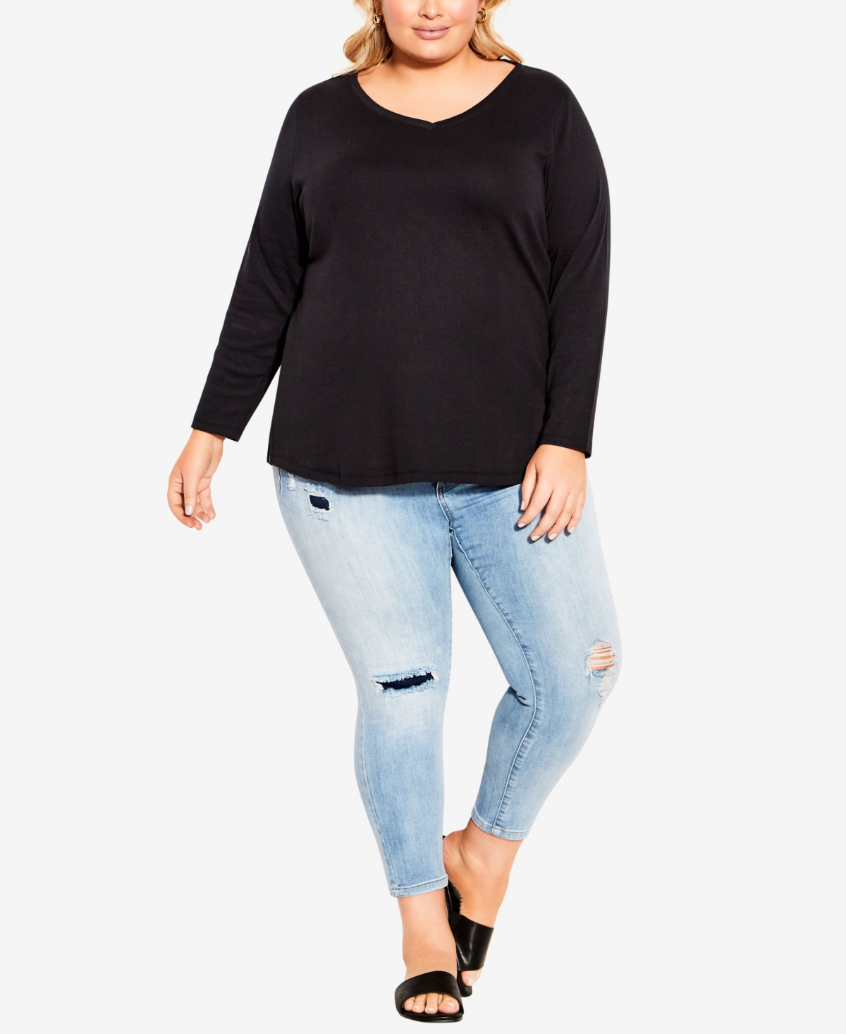Avenue Plus Size V Neck Essential Long Sleeve T-shirt In Teal