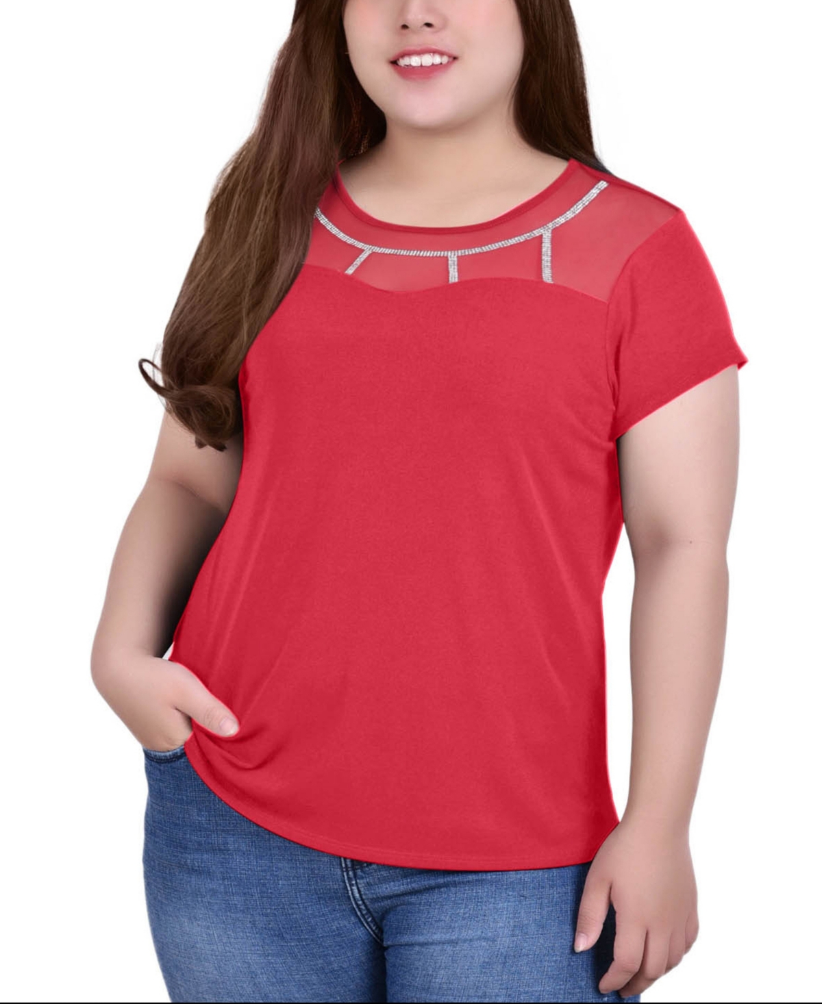 Plus Size Short Sleeve Knit Top with Mesh Yoke and Stone Detail - Jalapeno Red