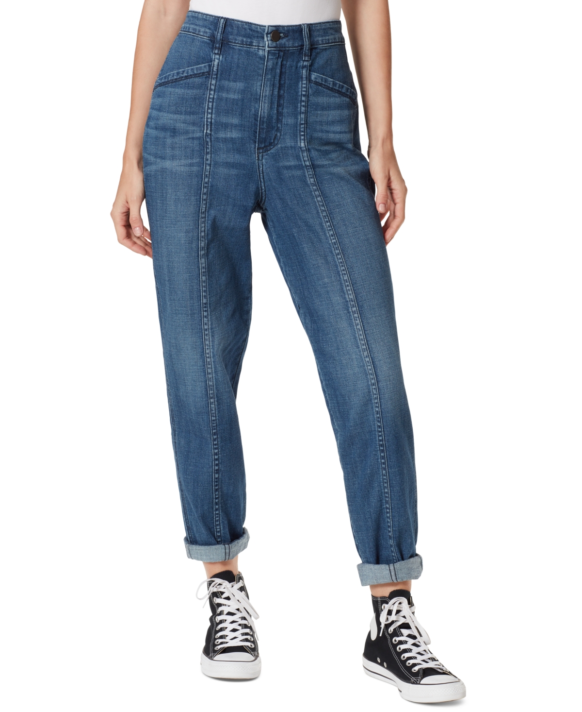 Frayed Denim Tapered High-Rise Workwear Jeans