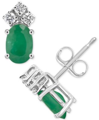 Macy's - Emerald (1 ct. t.w.) & Diamond (1/8 ct. t.w.) Crown Stud Earrings in 14k White Gold (Also in Ruby & Sapphire)