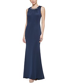 Beaded Pleated-Neck Gown