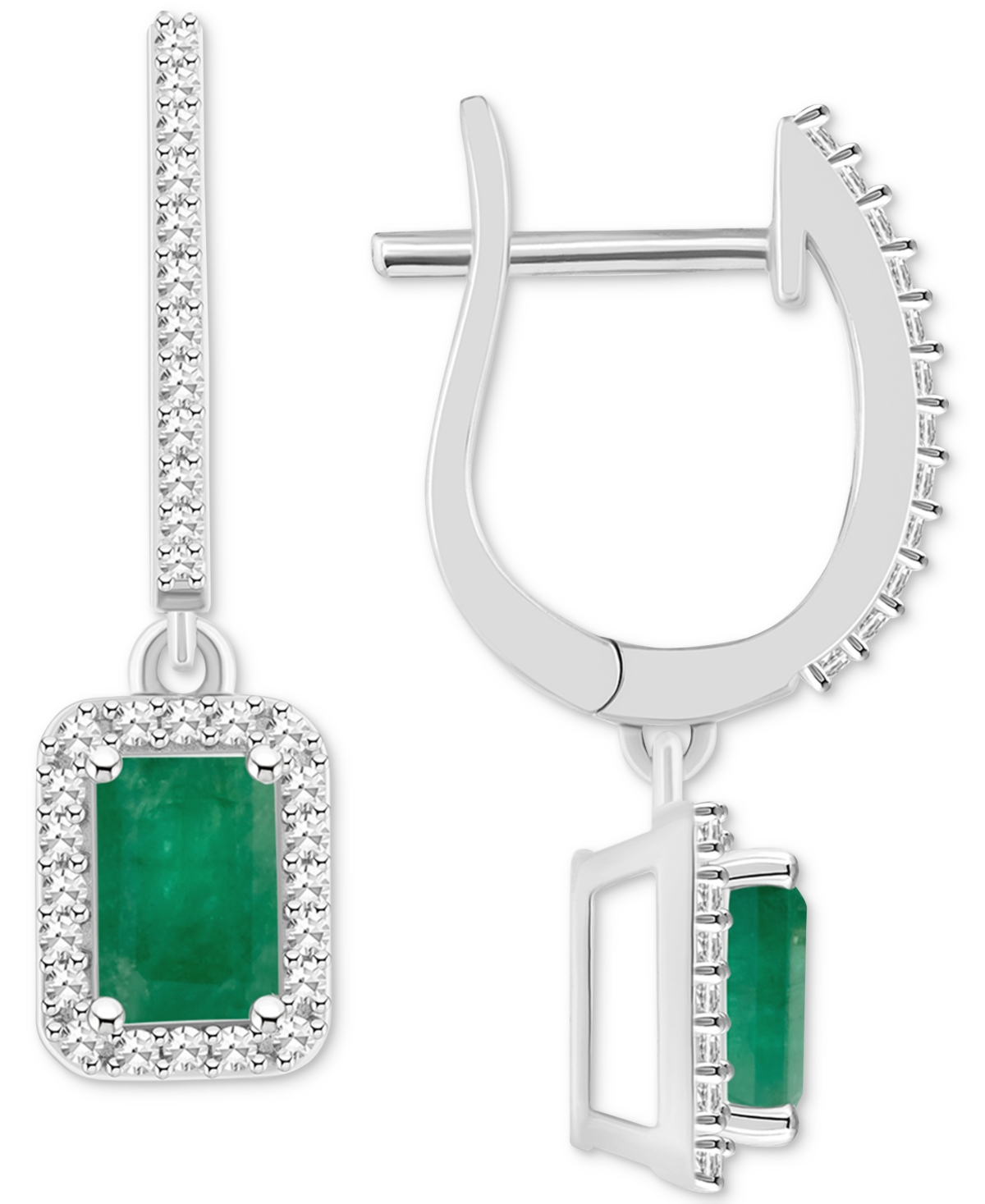 Macy's Emerald (1-1/8 Ct. T.w.) & Diamond (1/3 Ct. T.w.) Leverback Drop Earrings In Sterling Silver (also I In Emerald