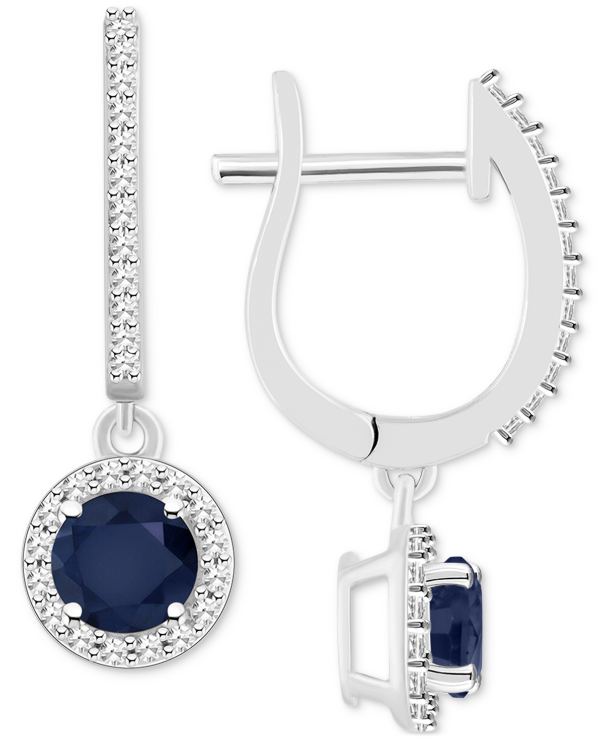(1-1/3 ct. t.w.) & Diamond (1/4 ct. t.w.) Halo Leverback Drop Earrings in Sterling Silver (Also in Emerald & Ruby) - Sapphire