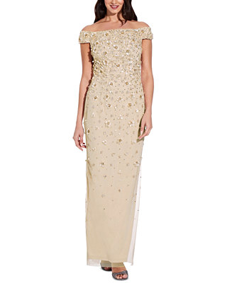 Adrianna Papell Off-The-Shoulder 3-D Beaded Gown & Reviews - Dresses ...