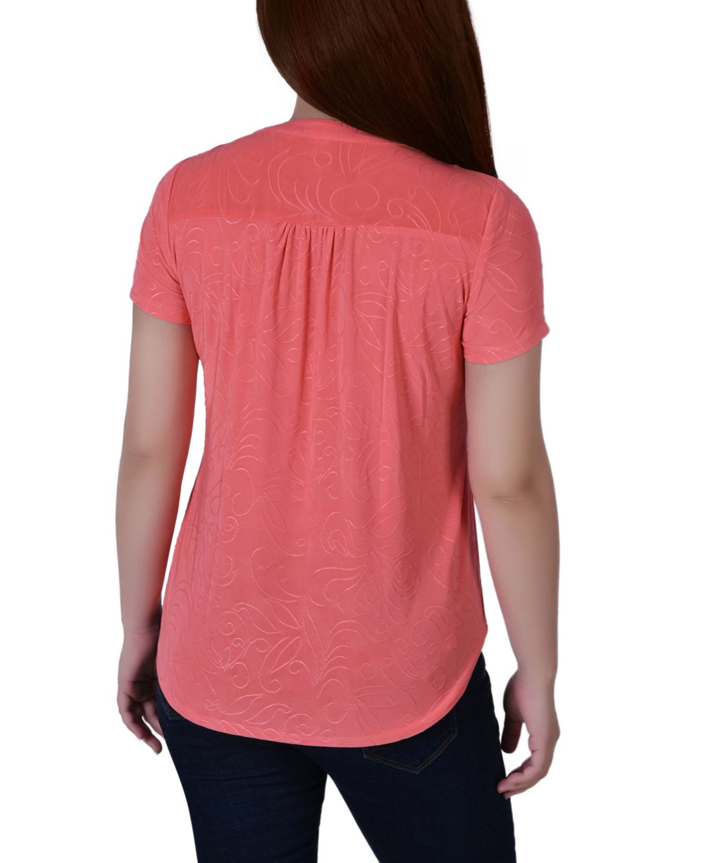 Женский топ NY Collection Petite Short Sleeve Y Neck Jacquard Knit, цвет: Bermuda — фото 5