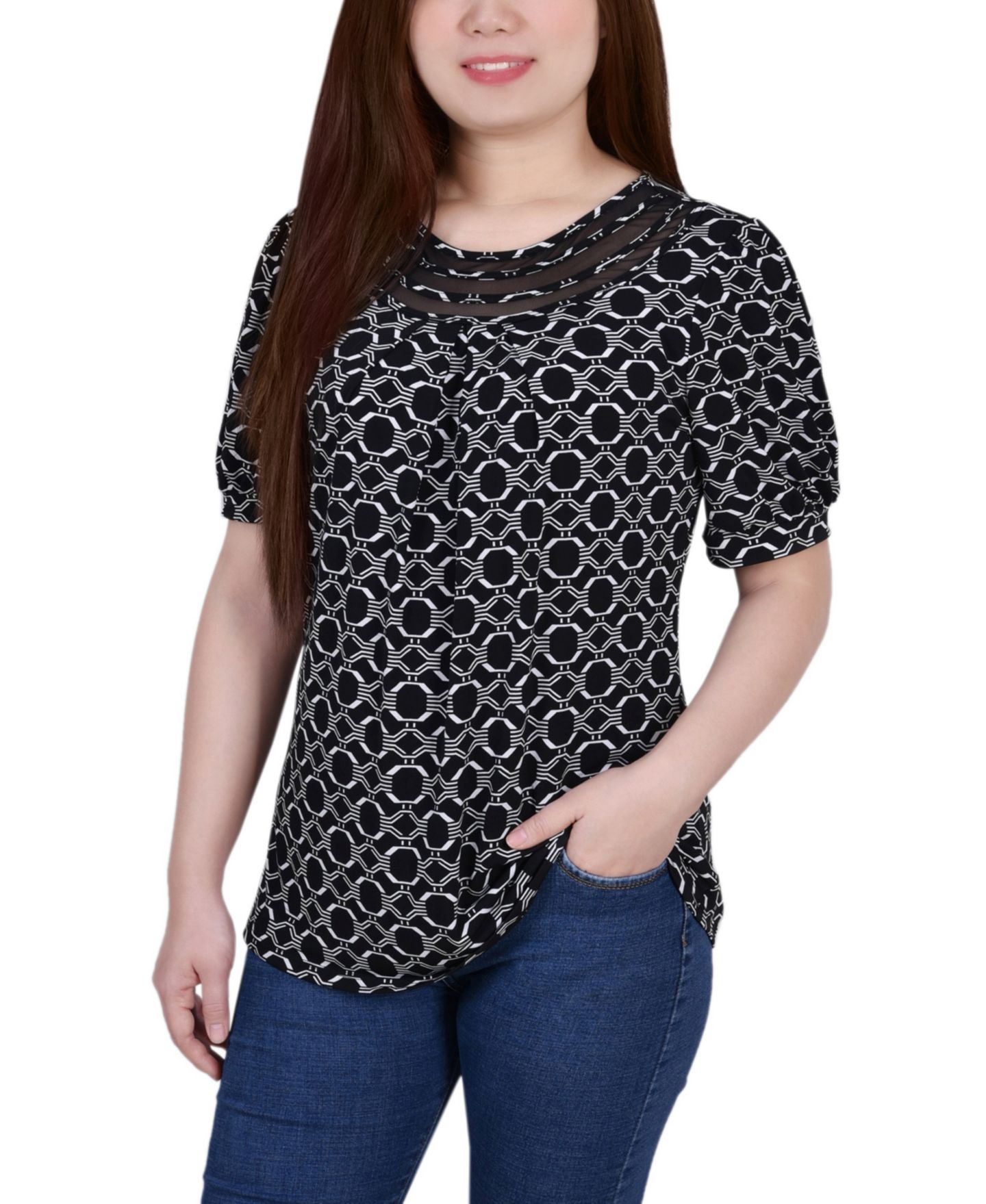 Женский топ NY Collection Petite Short Puff Sleeve Mesh Inset, цвет: Чёрный белый — фото 1