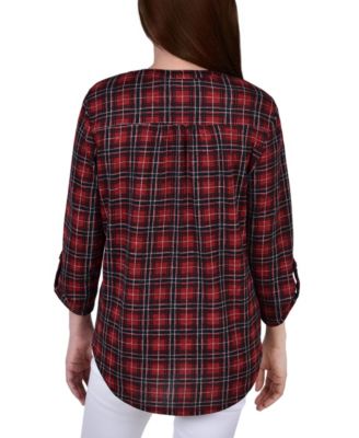 Women's 3/4 Roll Tab Sleeve Y-neck Top