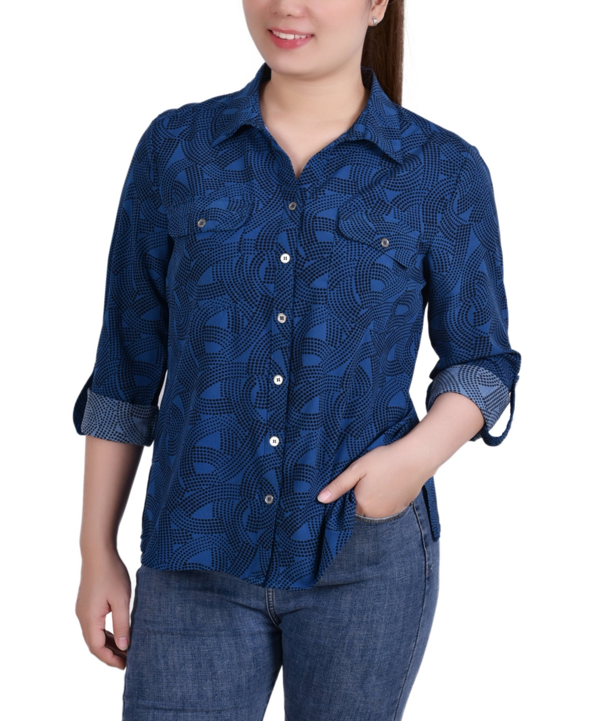 Ny Collection Women's 3/4 Roll Tab Shirt With Pockets In Stweb And Blk Dot Scroll Circle
