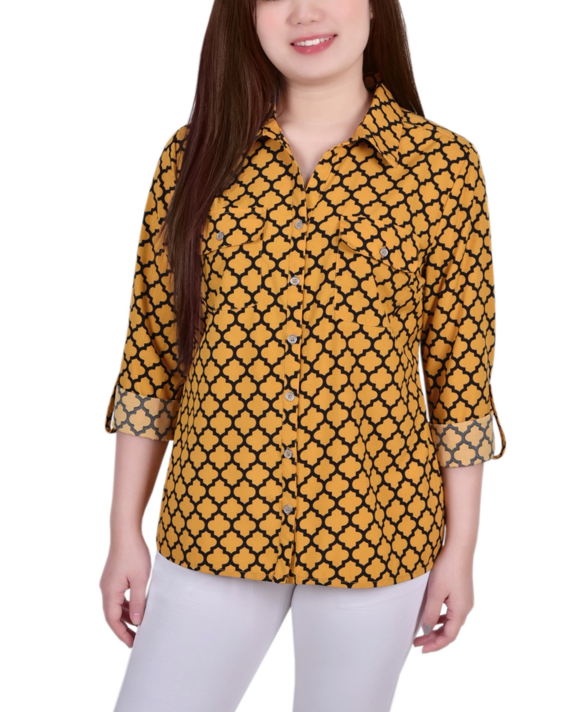 Ny Collection Women's 3/4 Roll Tab Shirt With Pockets In Golden Glow Black Fleur