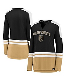 Women's Black and Gold-Tone Vegas Golden Knights Iconic Slapshot Long Sleeve Notch Neck T-shirt
