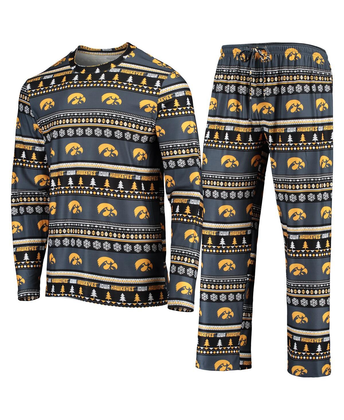 Men's Black Iowa Hawkeyes Ugly Sweater Long Sleeve T-shirt and Pants Sleep Set - Black