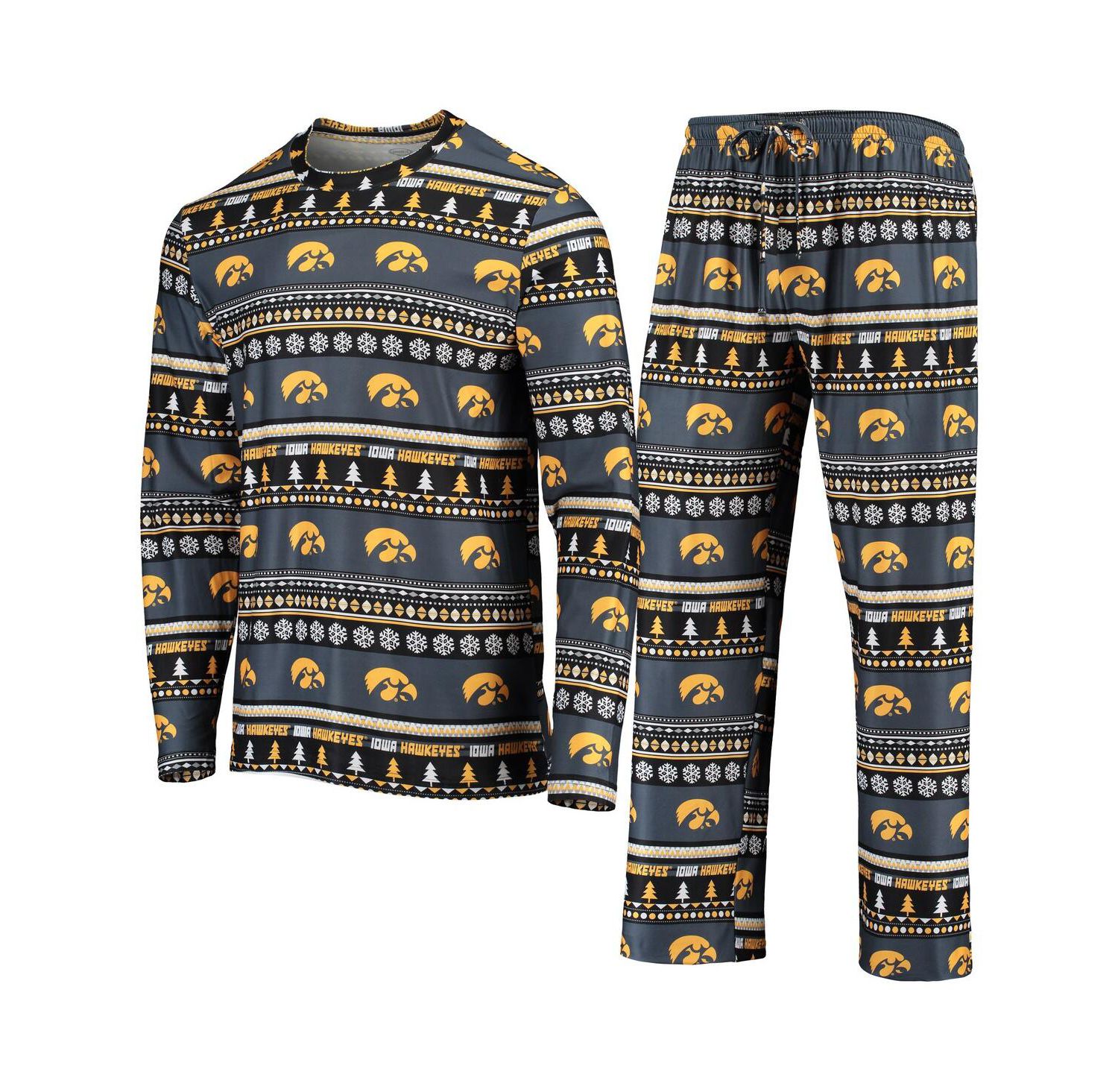 Men's Black Iowa Hawkeyes Ugly Sweater Long Sleeve T-shirt and Pants Sleep Set