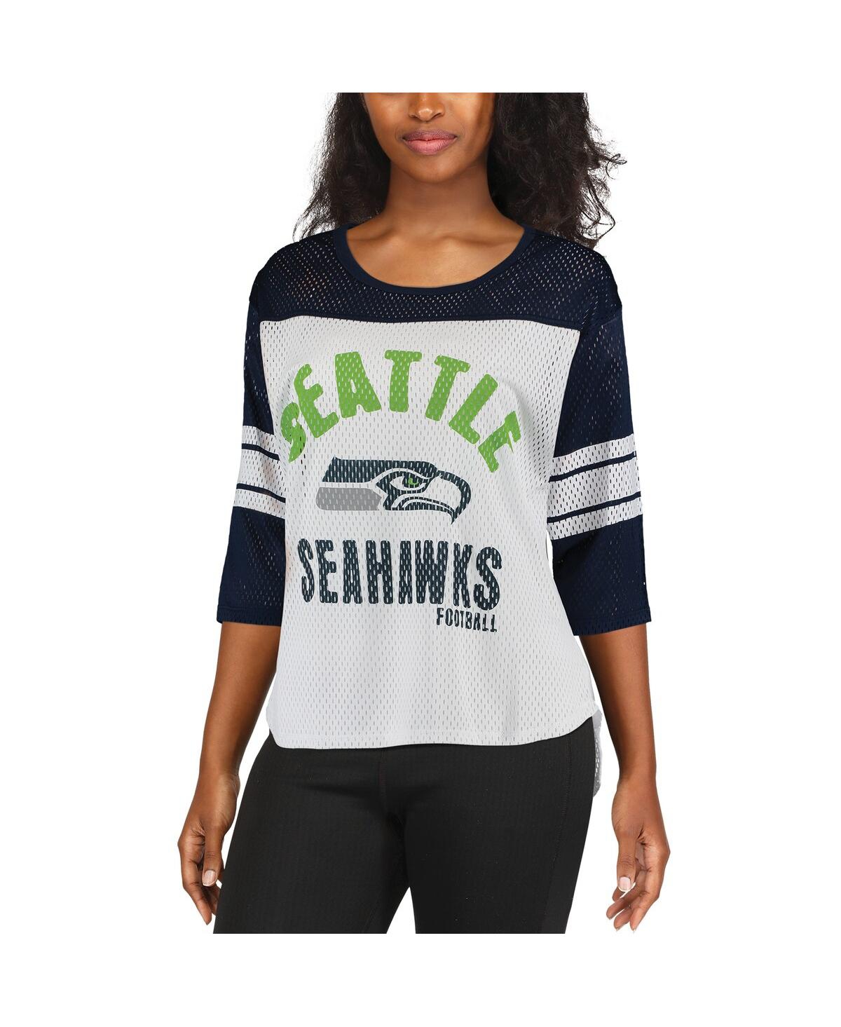 Women's G-iii 4Her by Carl Banksand College Navy Seattle Seahawks First Team Three-Quarter Sleeve Mesh T-shirt - White, College Navy