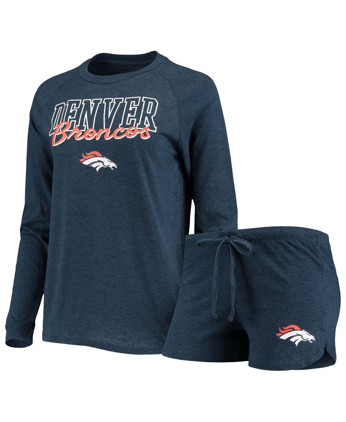 Shop Concepts Sport Women's Navy Denver Broncos Meter Knit Long Sleeve Raglan Top And Shorts Sleep Set