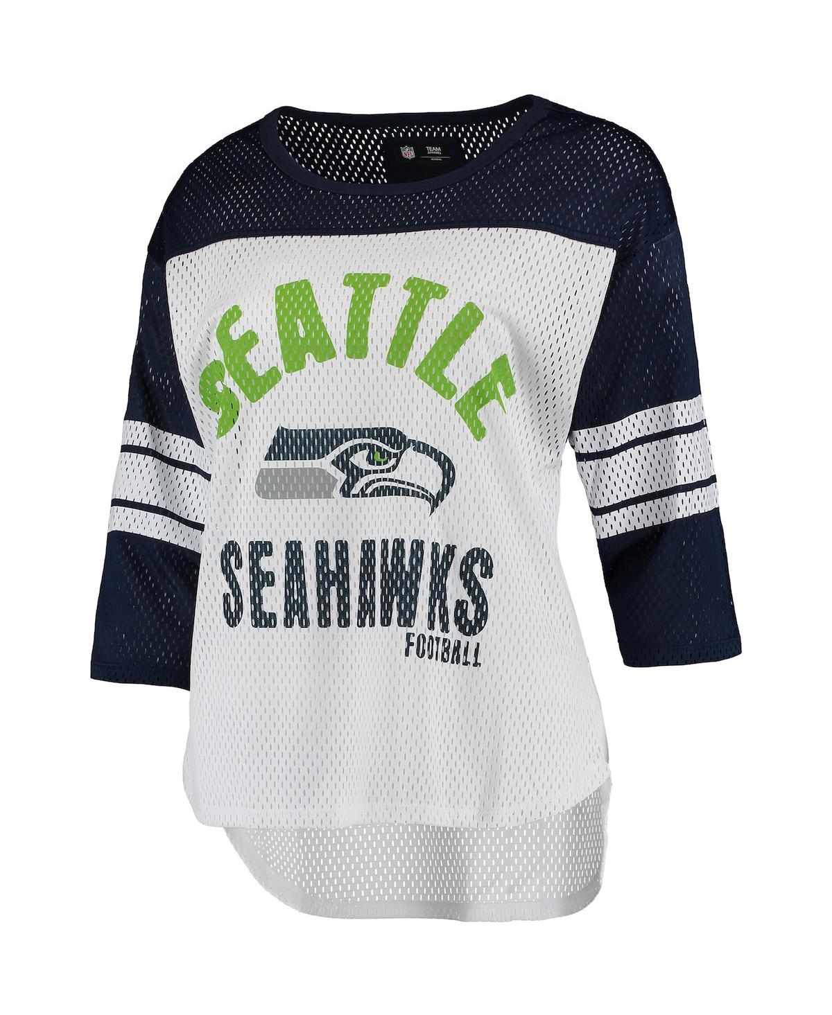 Women's G-iii 4Her by Carl Banksand College Navy Seattle Seahawks First Team Three-Quarter Sleeve Mesh T-shirt - White, College Navy