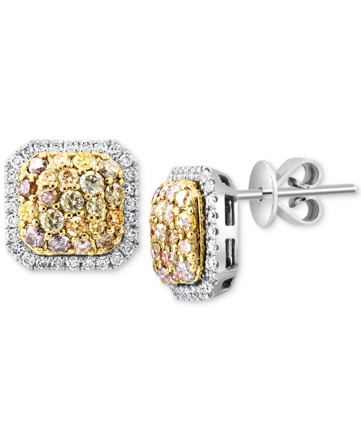 Effy Collection Effy Multicolor Diamond (5/8 ct. t.w.) & White Diamond (1/4 ct. t.w.) Halo Cluster Stud Earrings in 14k Two-Tone Gold
