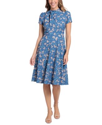 London Times - Printed Tie-Neck Midi Dress