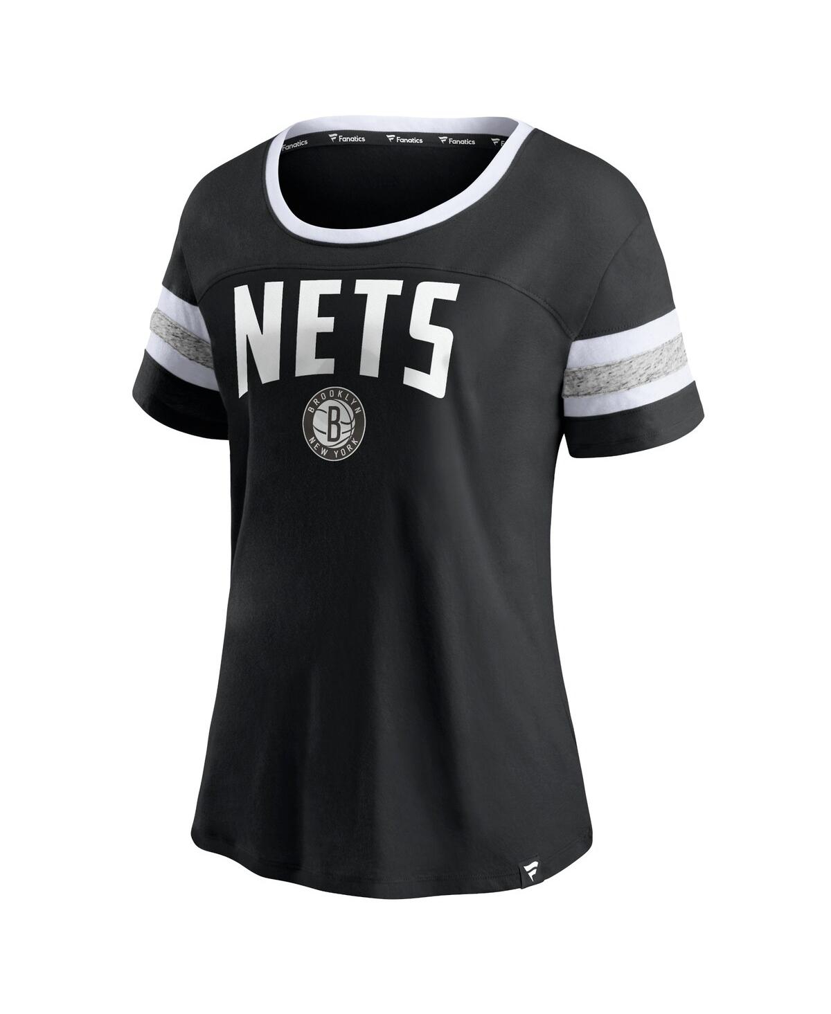 Fanatics Women's  Black And Heathered Gray Brooklyn Nets Block Party Striped Sleeve T-shirt In Black,heathered Gray