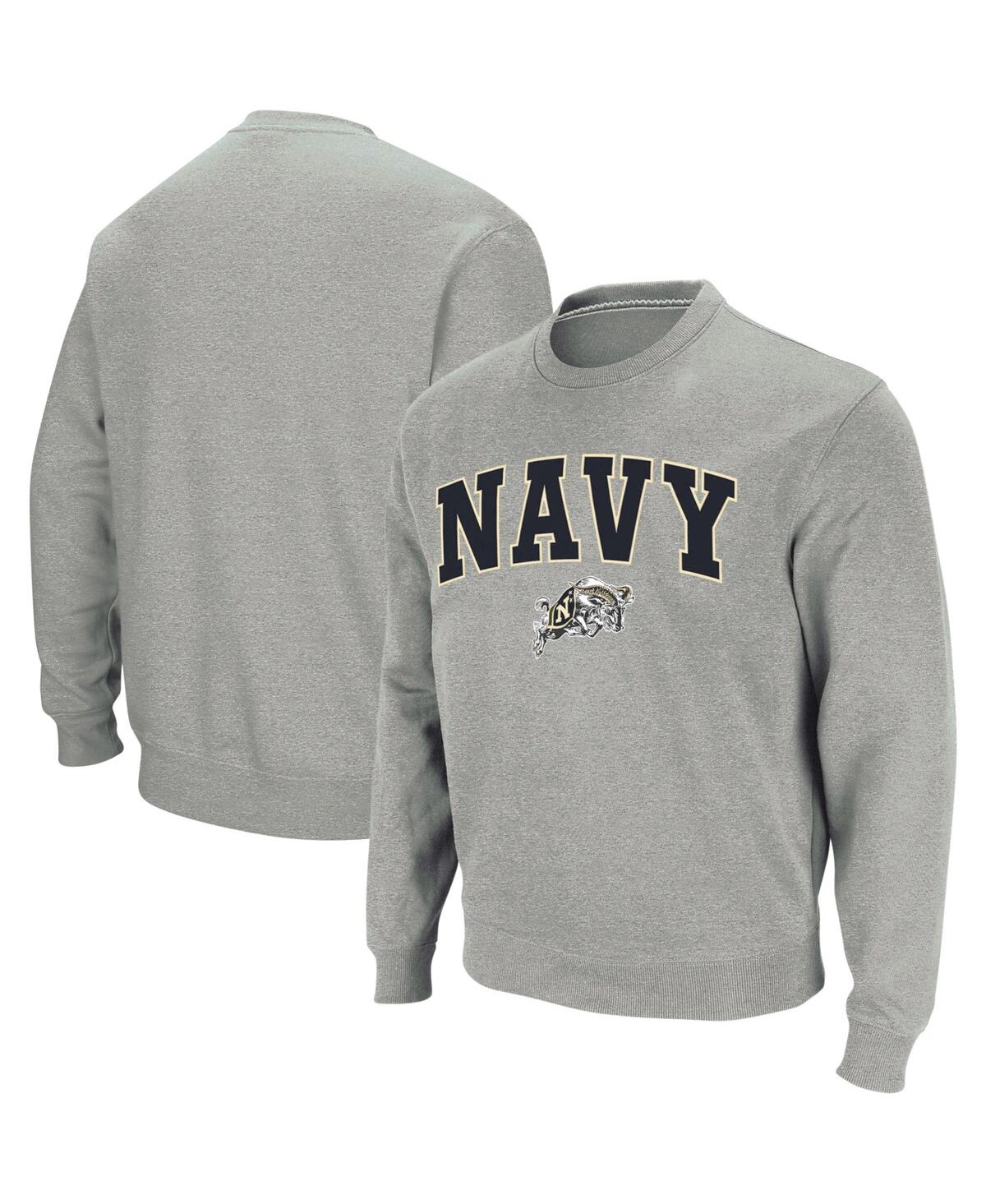 Colosseum Men's  Heather Gray Navy Midshipmen Arch And Logo Crew Neck Sweatshirt