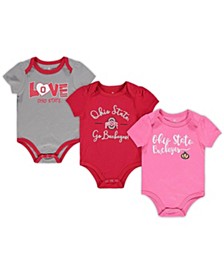 Newborn Infant Girls Scarlet, Heathered Gray and Pink Ohio State Buckeyes Formula 3-Pack Bodysuit Set