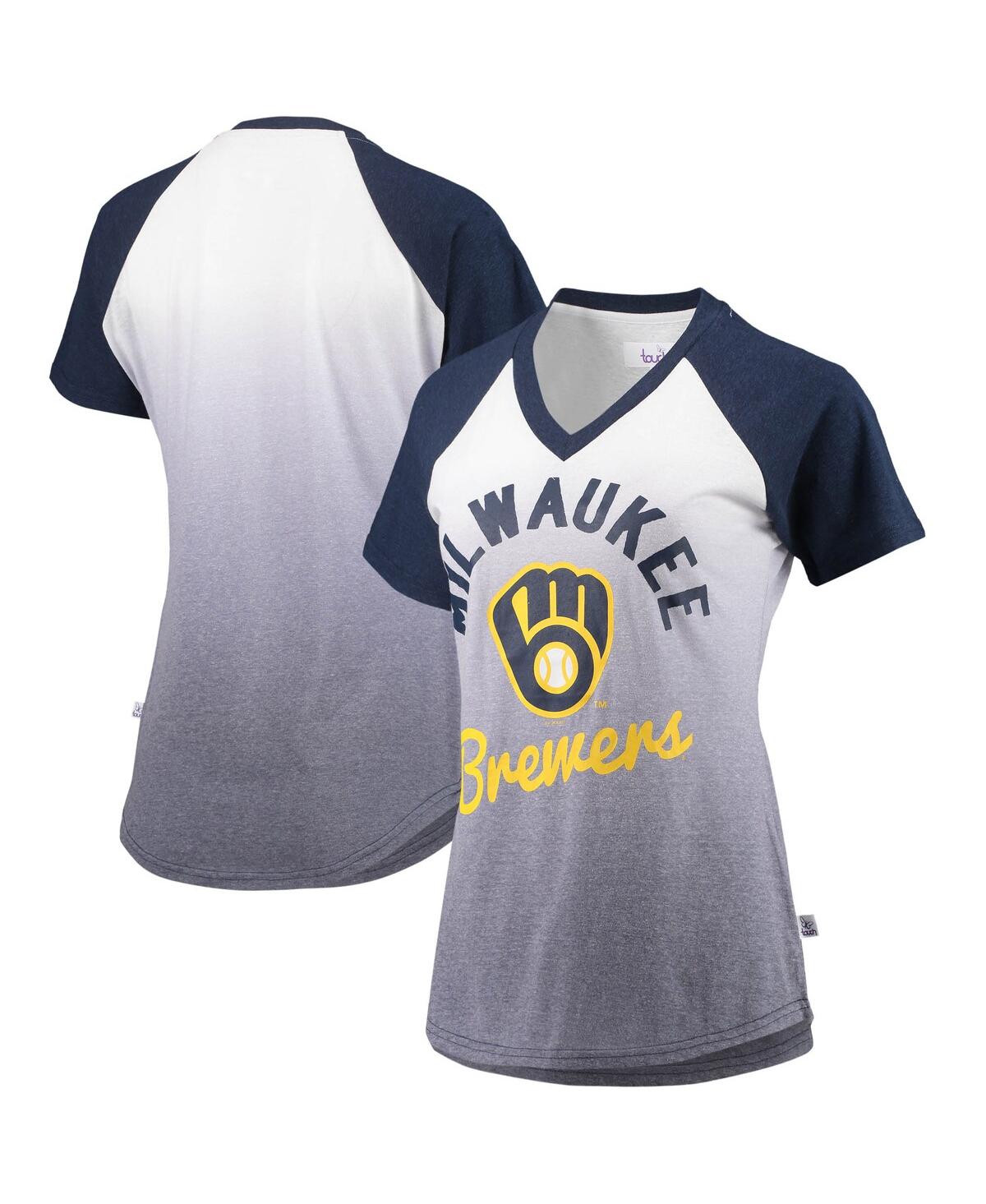 Touché Women's Navy And White Milwaukee Brewers Shortstop Ombre Raglan V-neck T-shirt In Navy,white