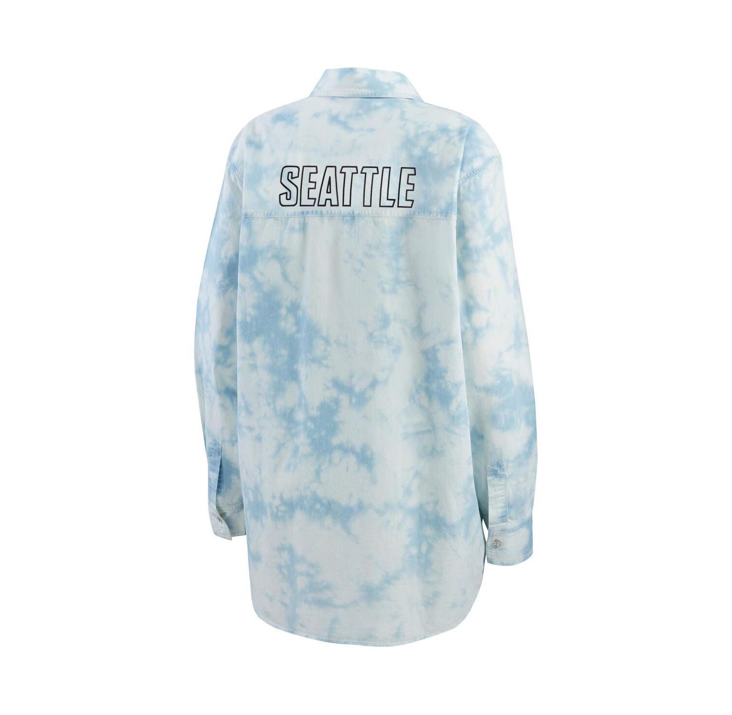 Women's White Seattle Kraken Oversized Tie-Dye Button-Up Denim Shirt