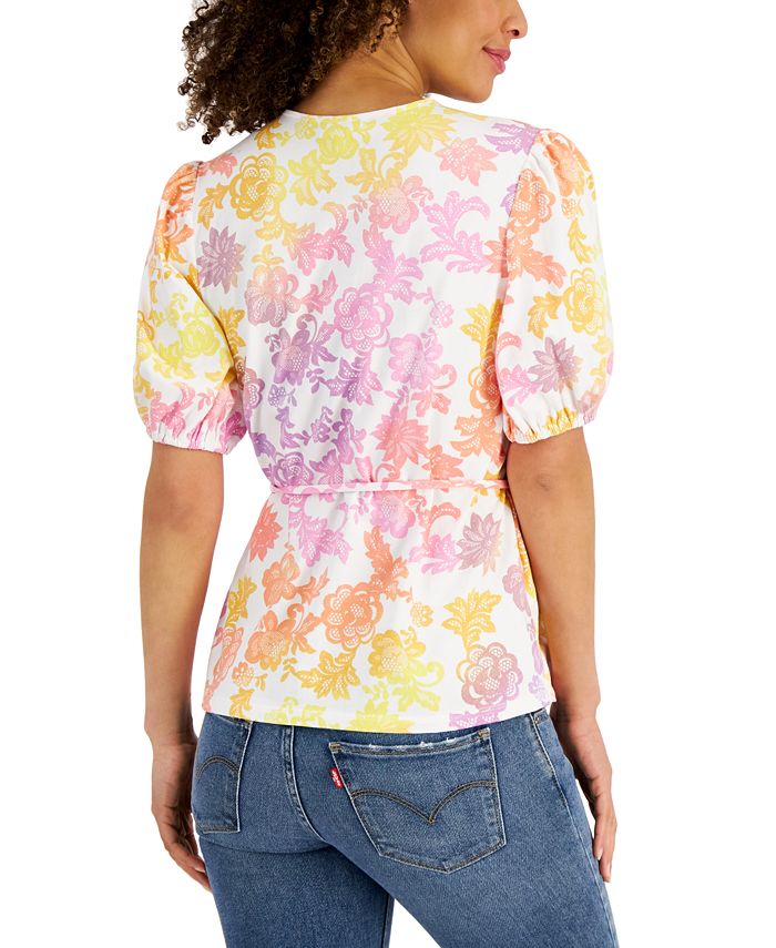 Charter Club Wrap-Front Puff-Sleeve Printed Top, Created for Macy's ...